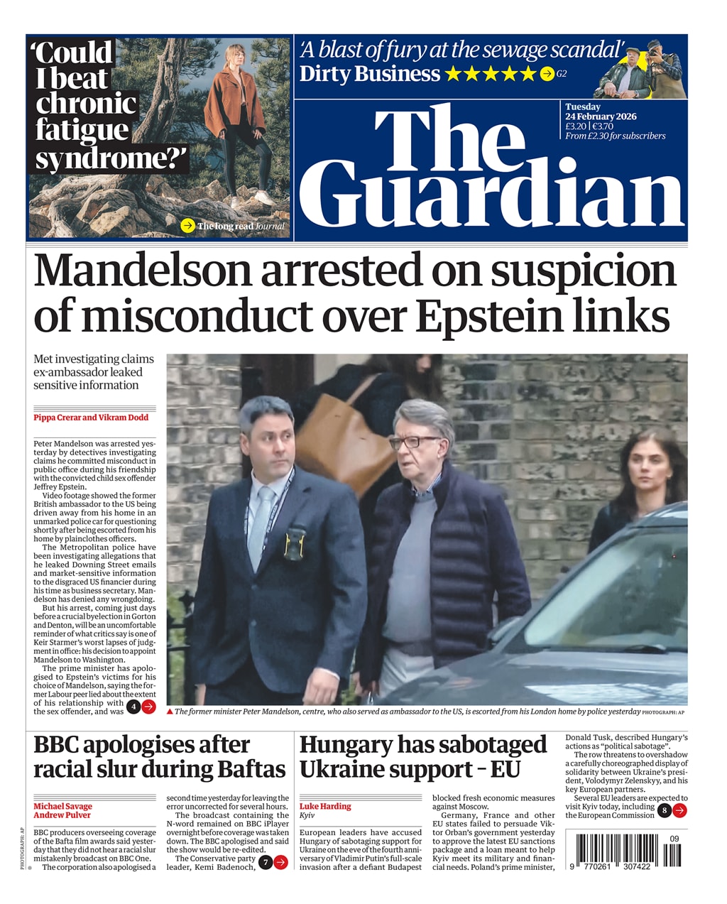 Front page of Guardian, 24 February 2026
