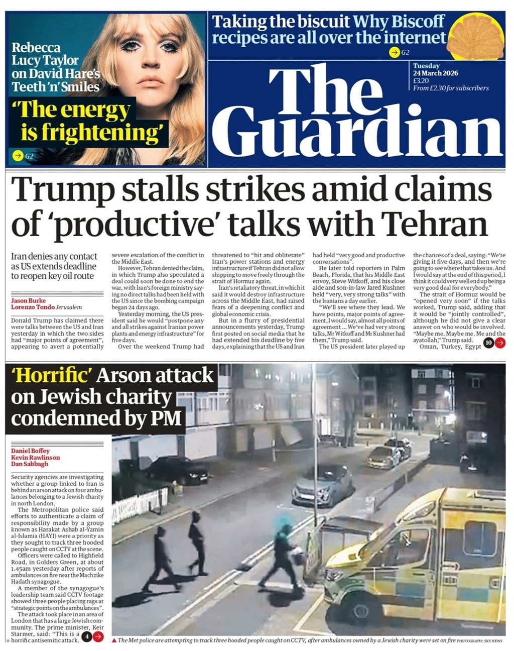 Front page of Guardian, 24 March 2026