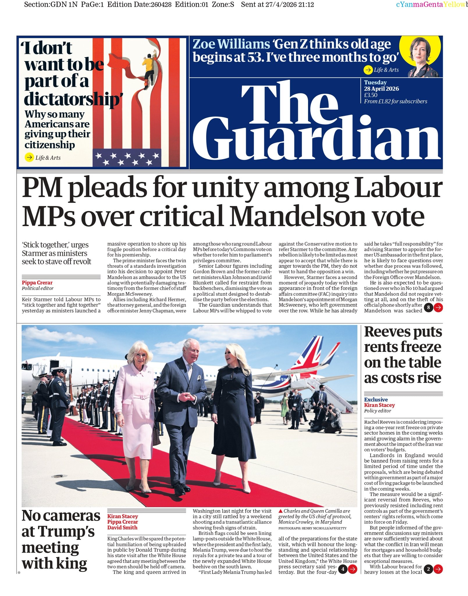 Front page of Guardian, 28 April 2026