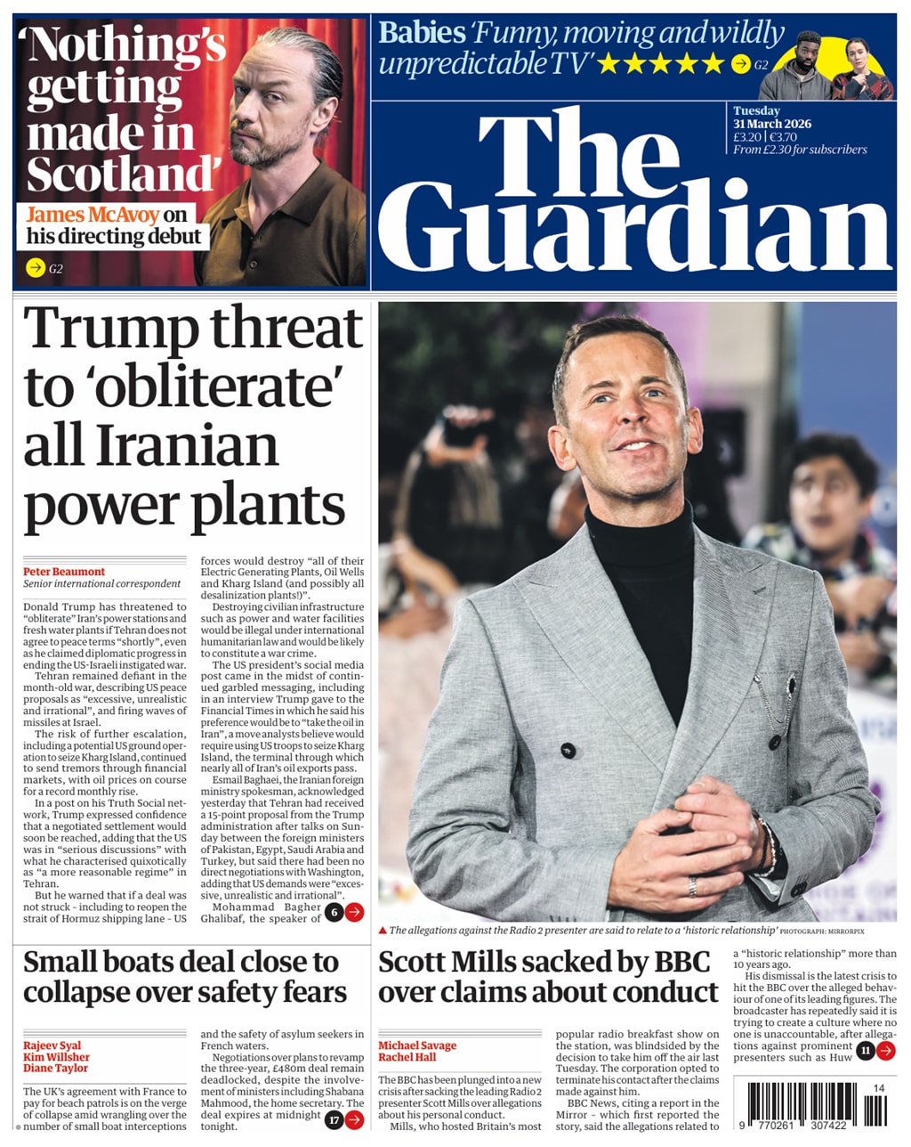 Front page of Guardian, 31 March 2026