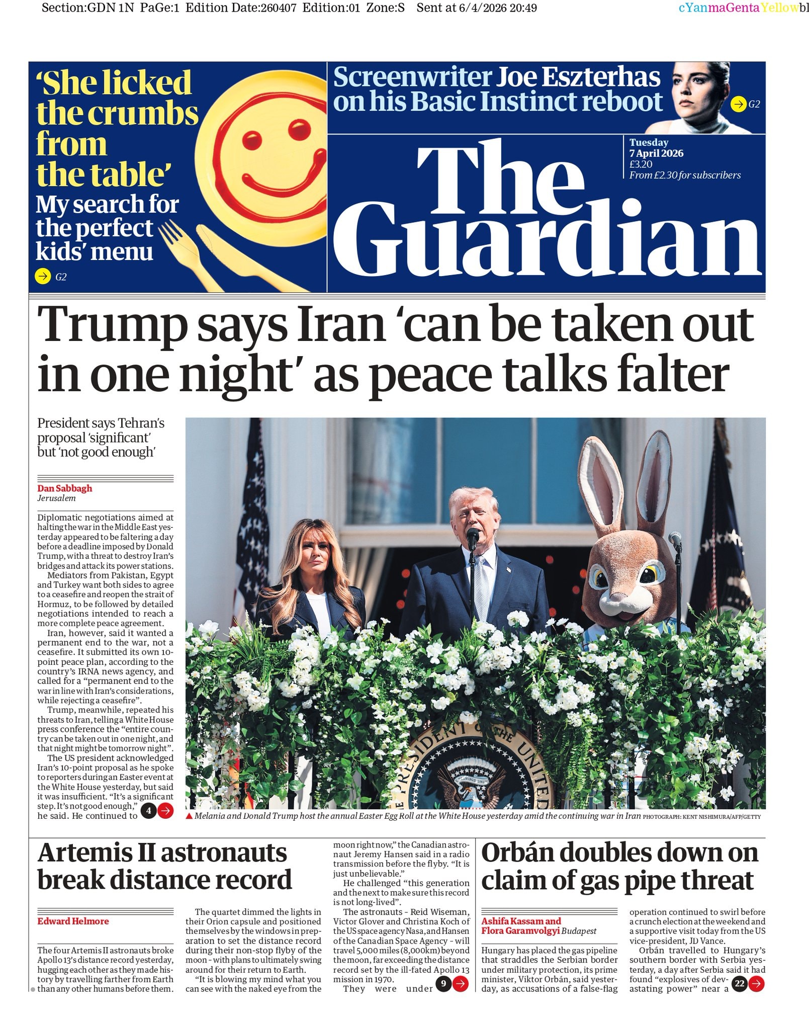 Front page of Guardian, 7 April 2026