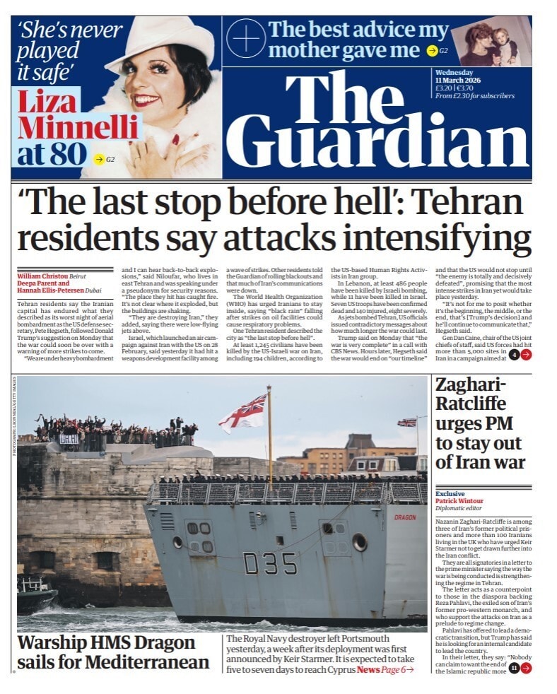 Front page of Guardian, 11 March 2026