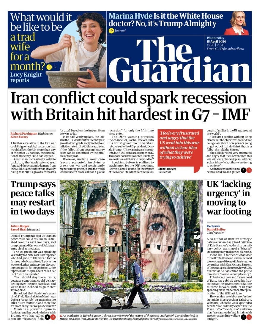Front page of Guardian, 15 April 2026