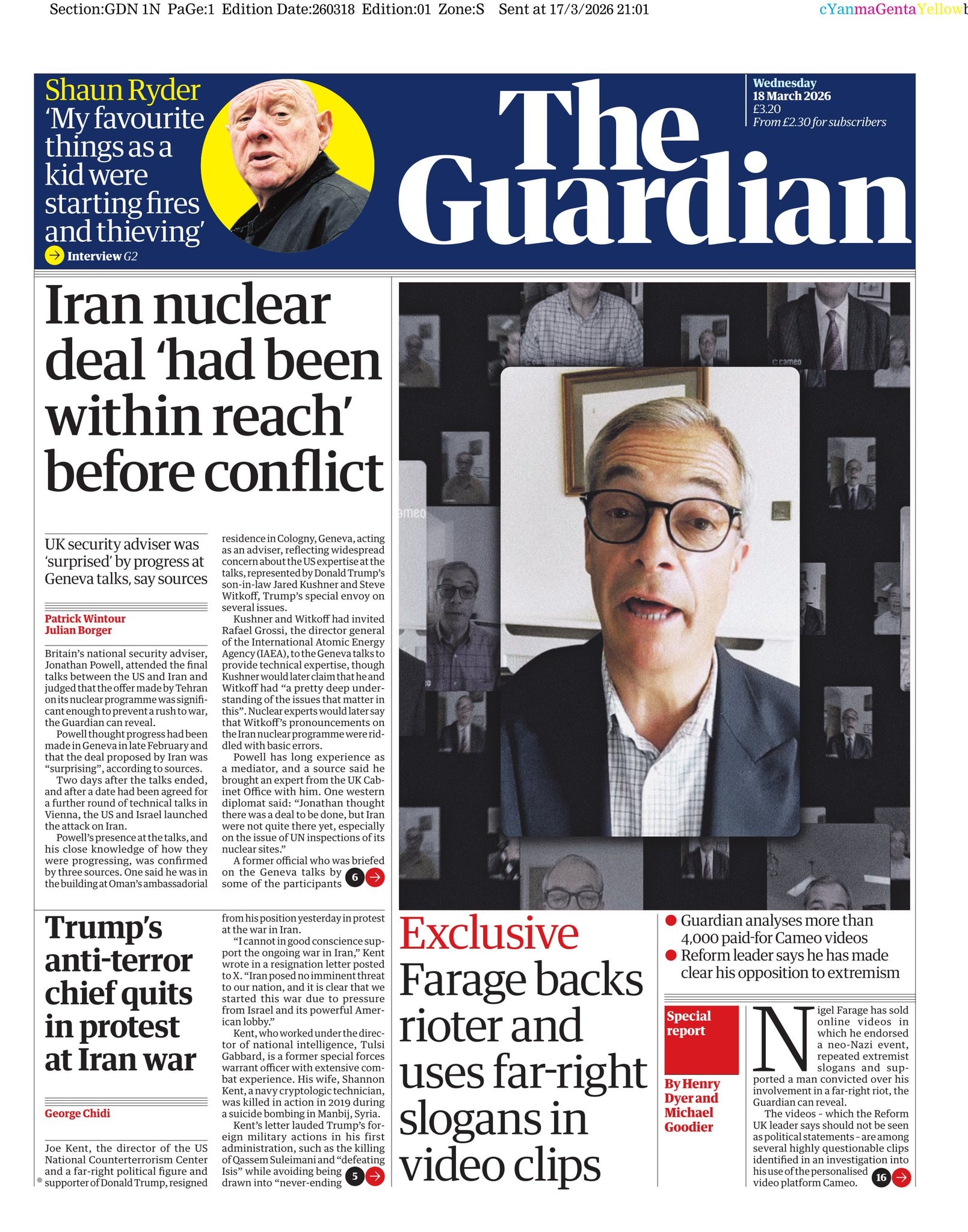 Front page of Guardian, 18 March 2026