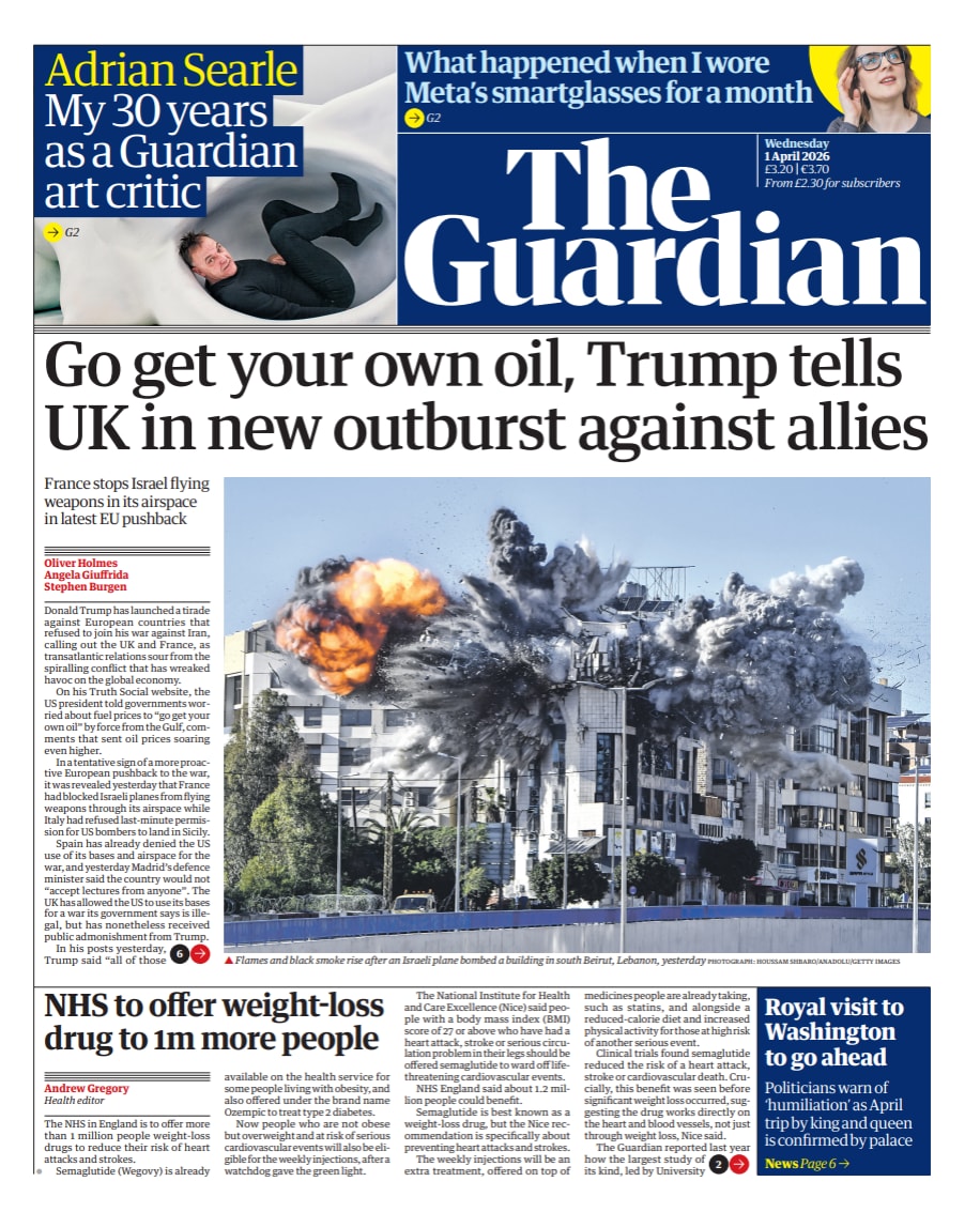 Front page of Guardian, 1 April 2026
