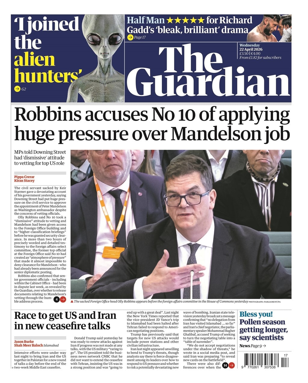 Front page of Guardian, 22 April 2026