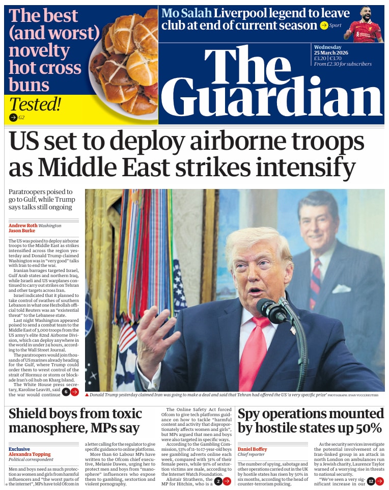 Front page of Guardian, 25 March 2026