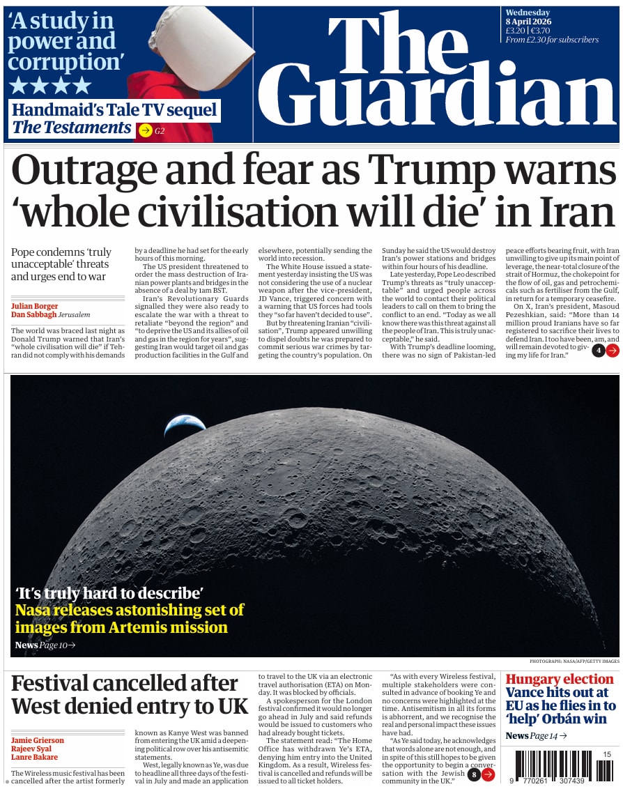 Front page of Guardian, 8 April 2026
