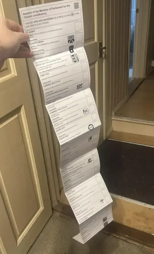 Image depicting record length ballot papers in Clacton By-Election