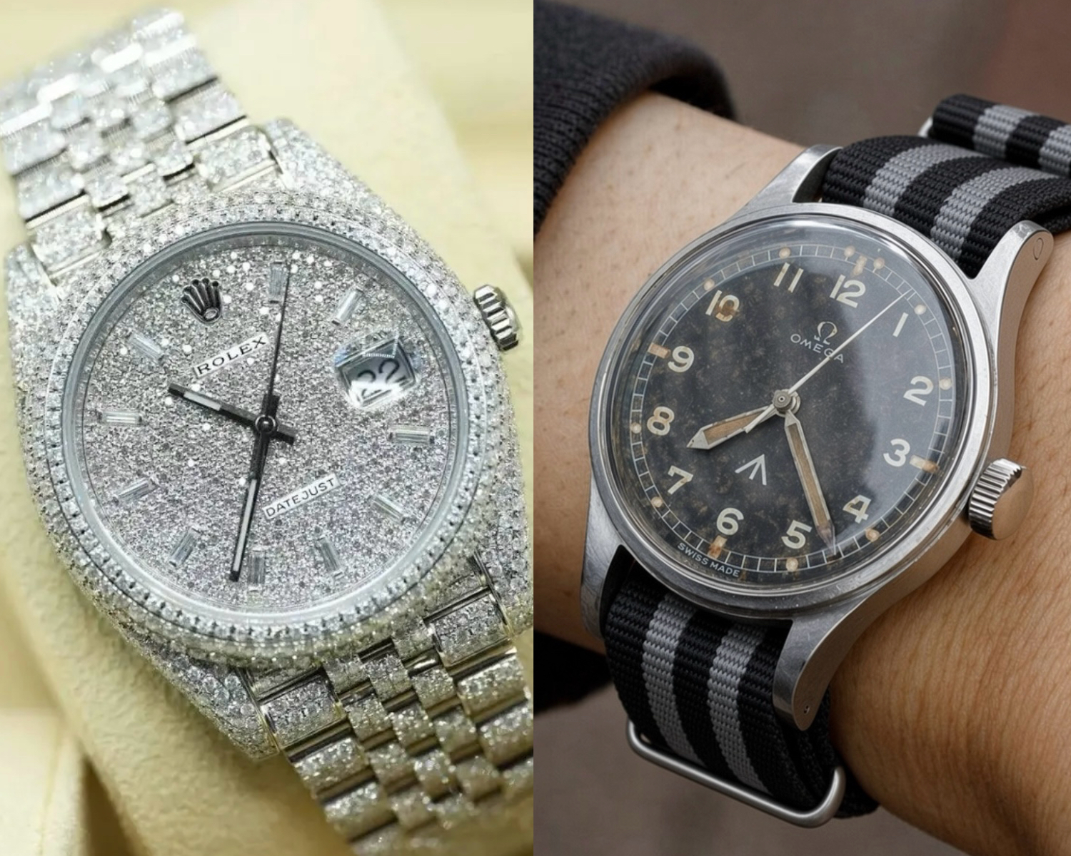 Image of bling vs class - a bling Rolex & a classy vintage Omega warch
