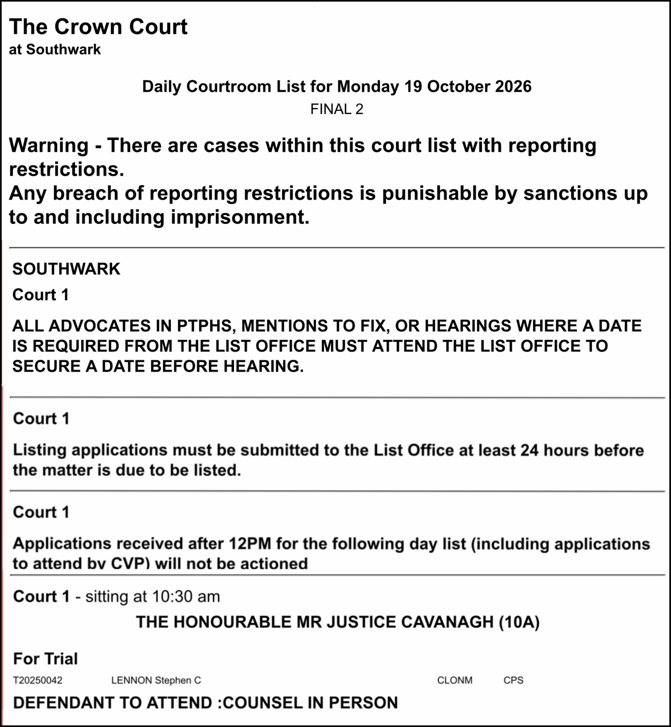 Tommy Robinson Court Listing 