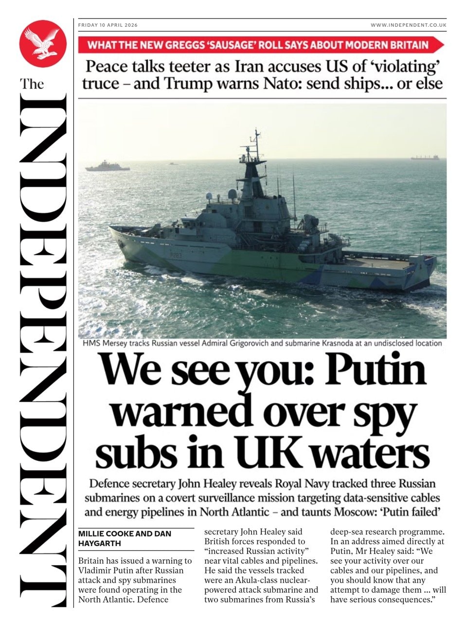 Front page of Independent, 10 April 2026