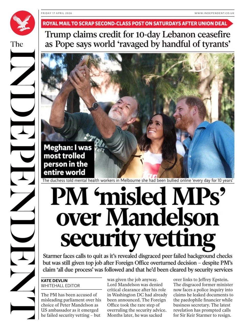 Front page of Independent, 17 April 2026