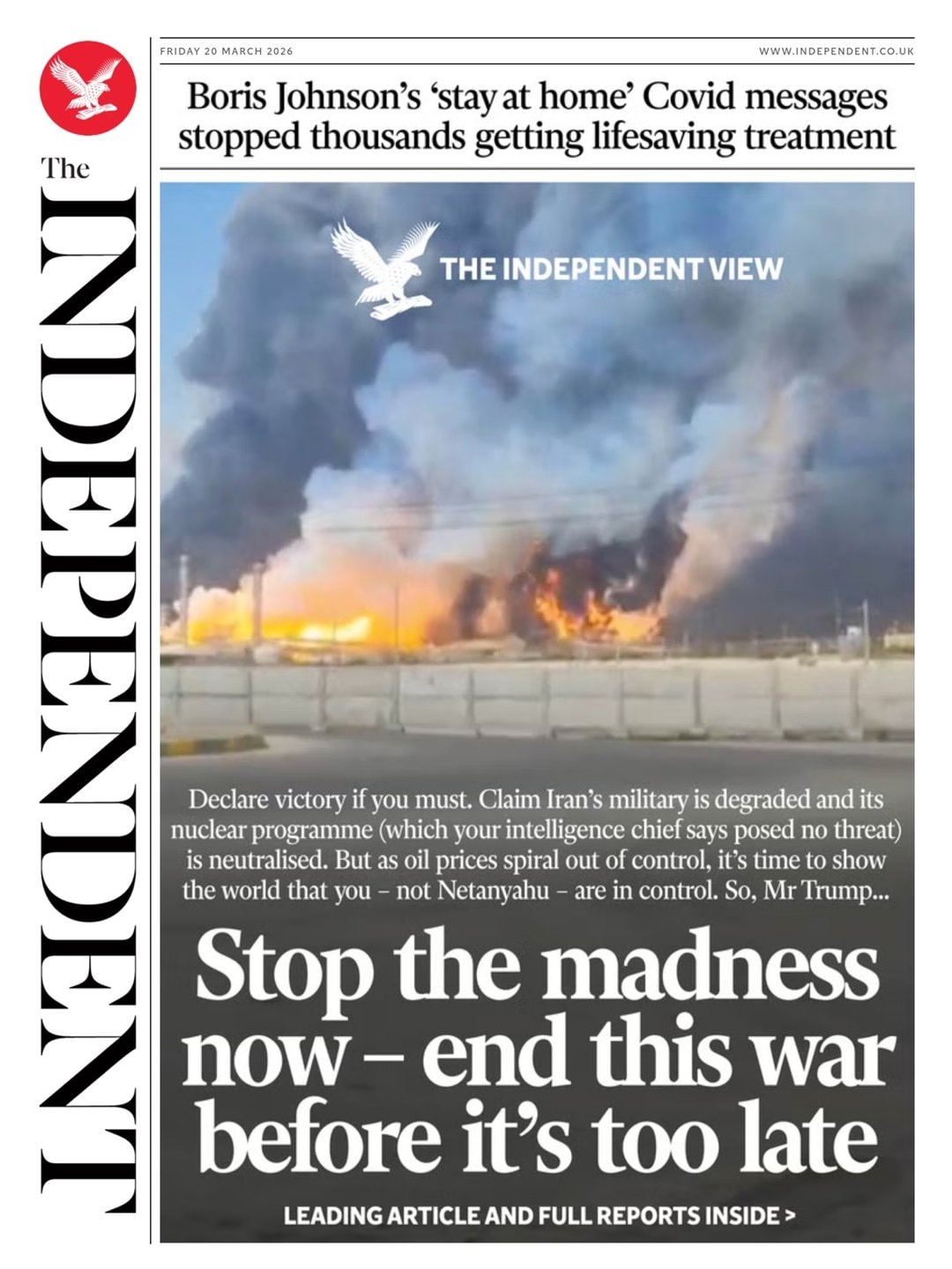 Front page of Independent, 20 March 2026