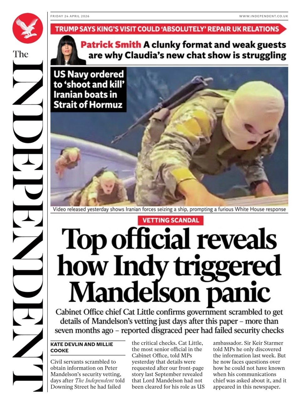 Front page of Independent, 24 April 2026