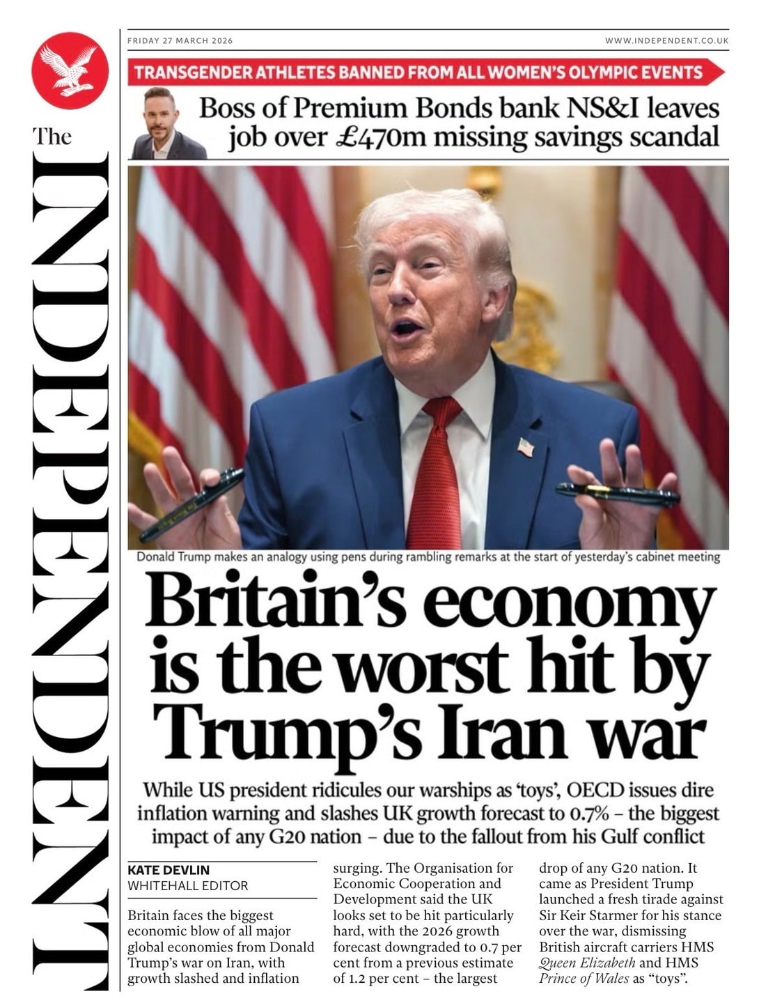 Front page of Independent, 27 March 2026
