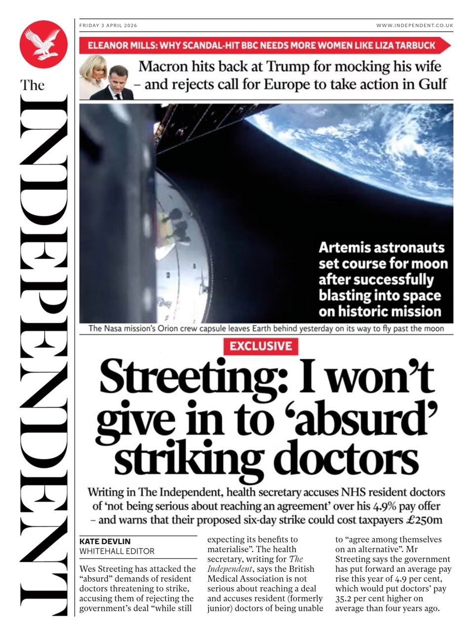 Front page of Independent, 3 April 2026