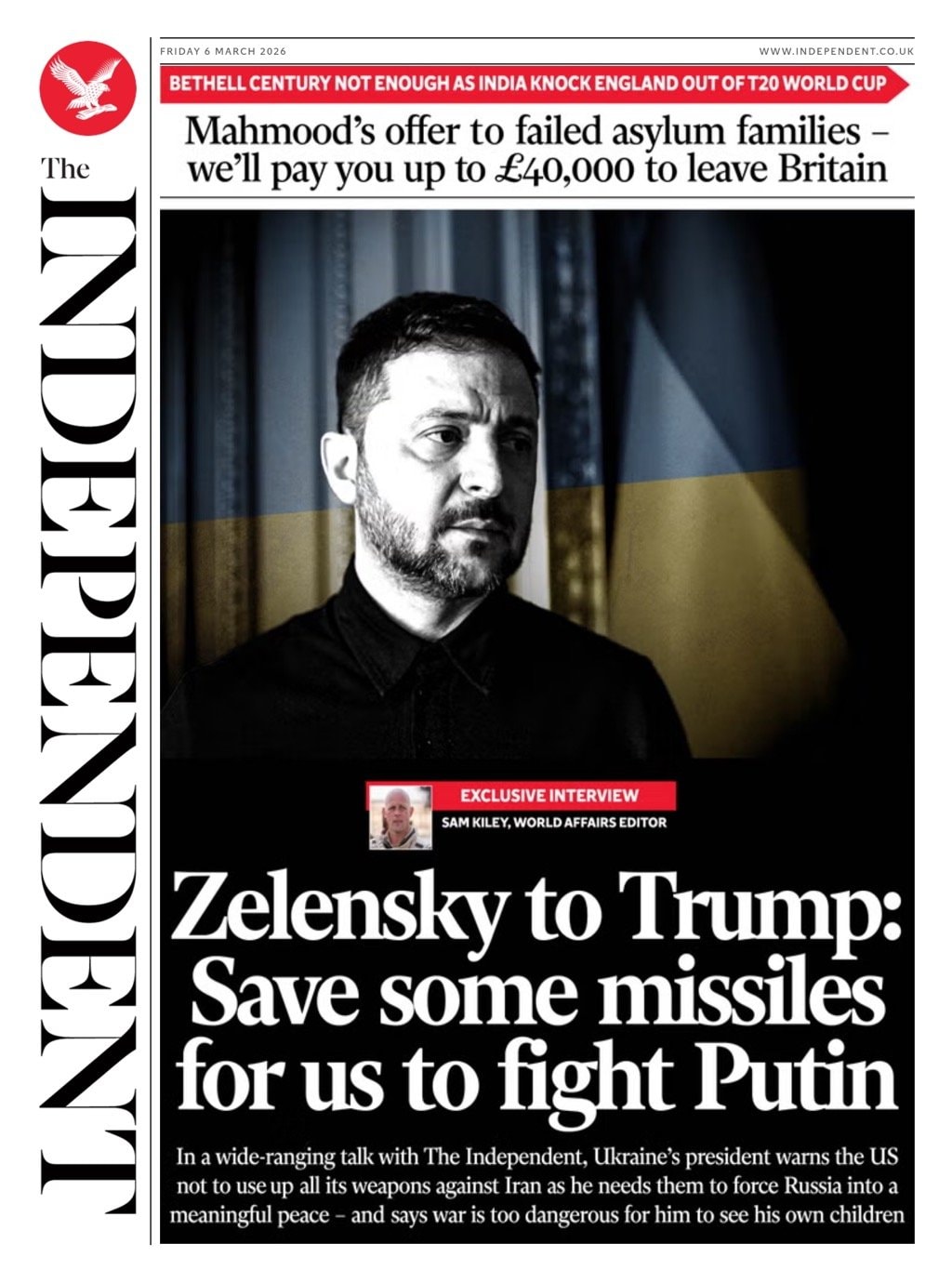 Front page of Independent, 6 March 2026