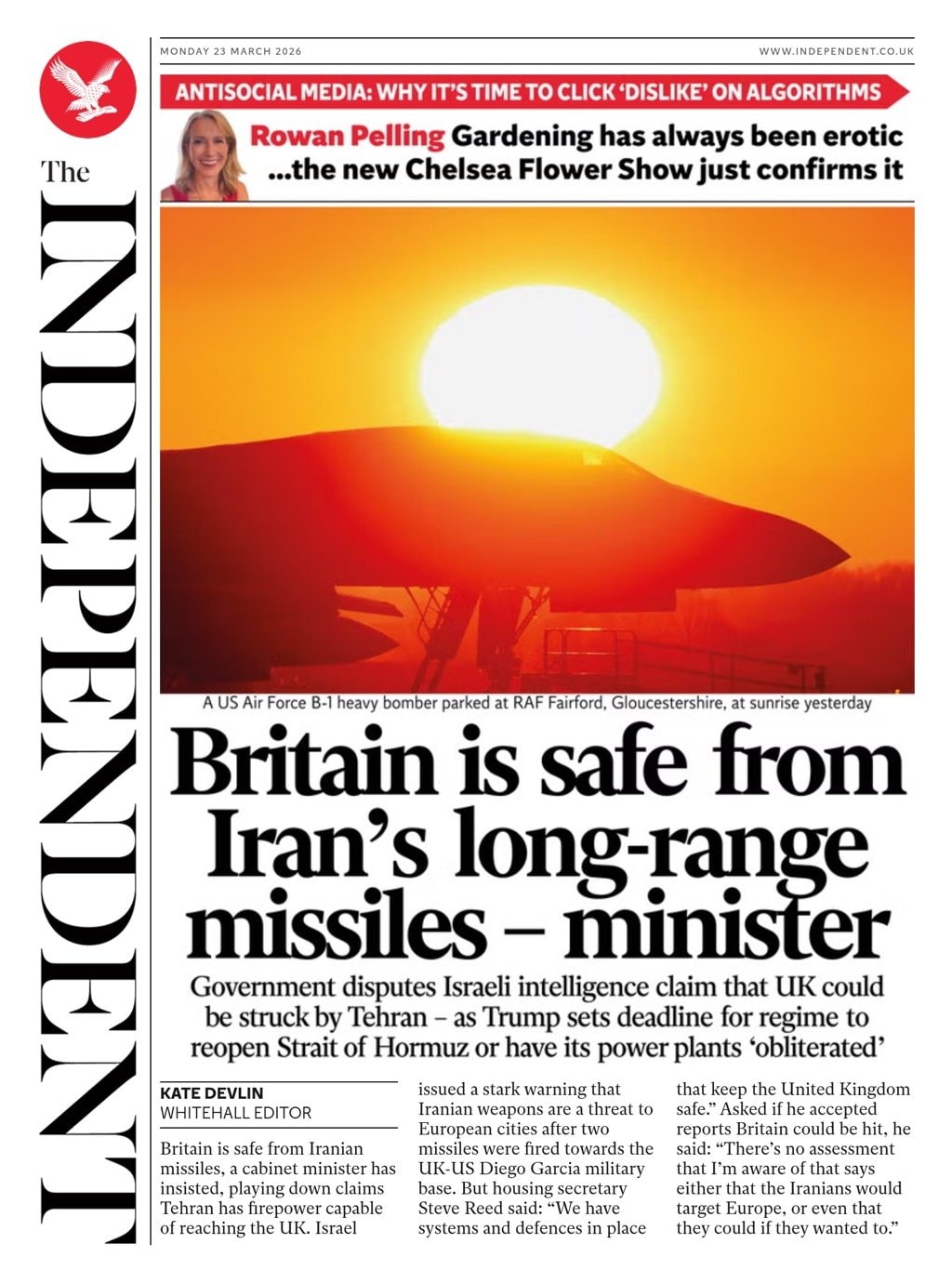 Front page of Independent, 23 March 2026