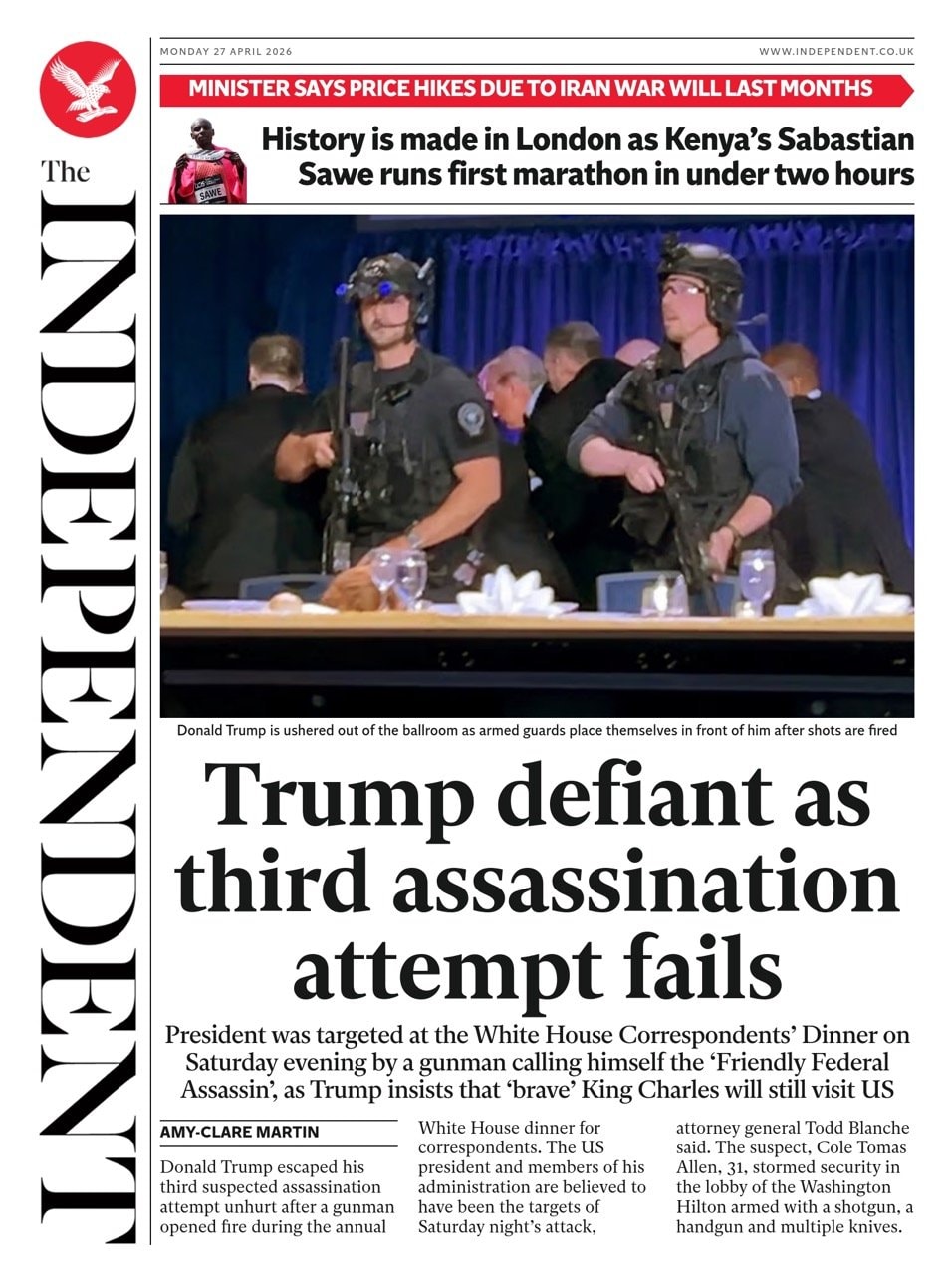 Front page of Independent, 27 April 2026