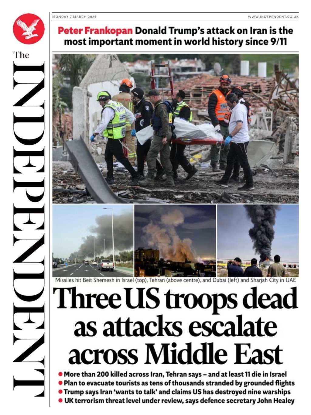 Front page of Independent, 2 March 2026