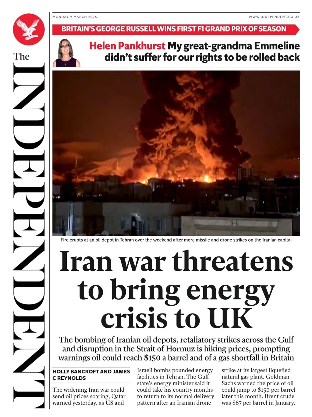 Front page of Independent, 9 March 2026