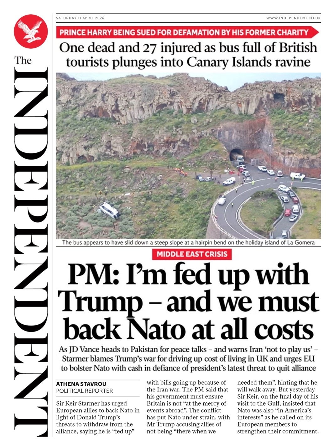 Front page of Independent, 11 April 2026