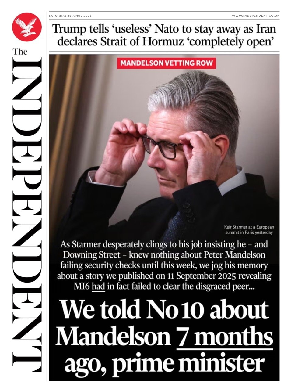 Front page of Independent, 18 April 2026