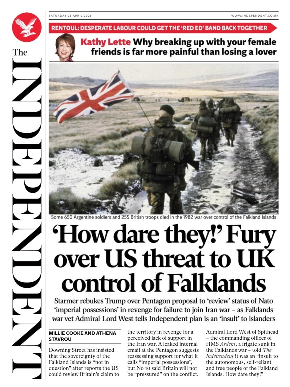 Front page of Independent, 25 April 2026