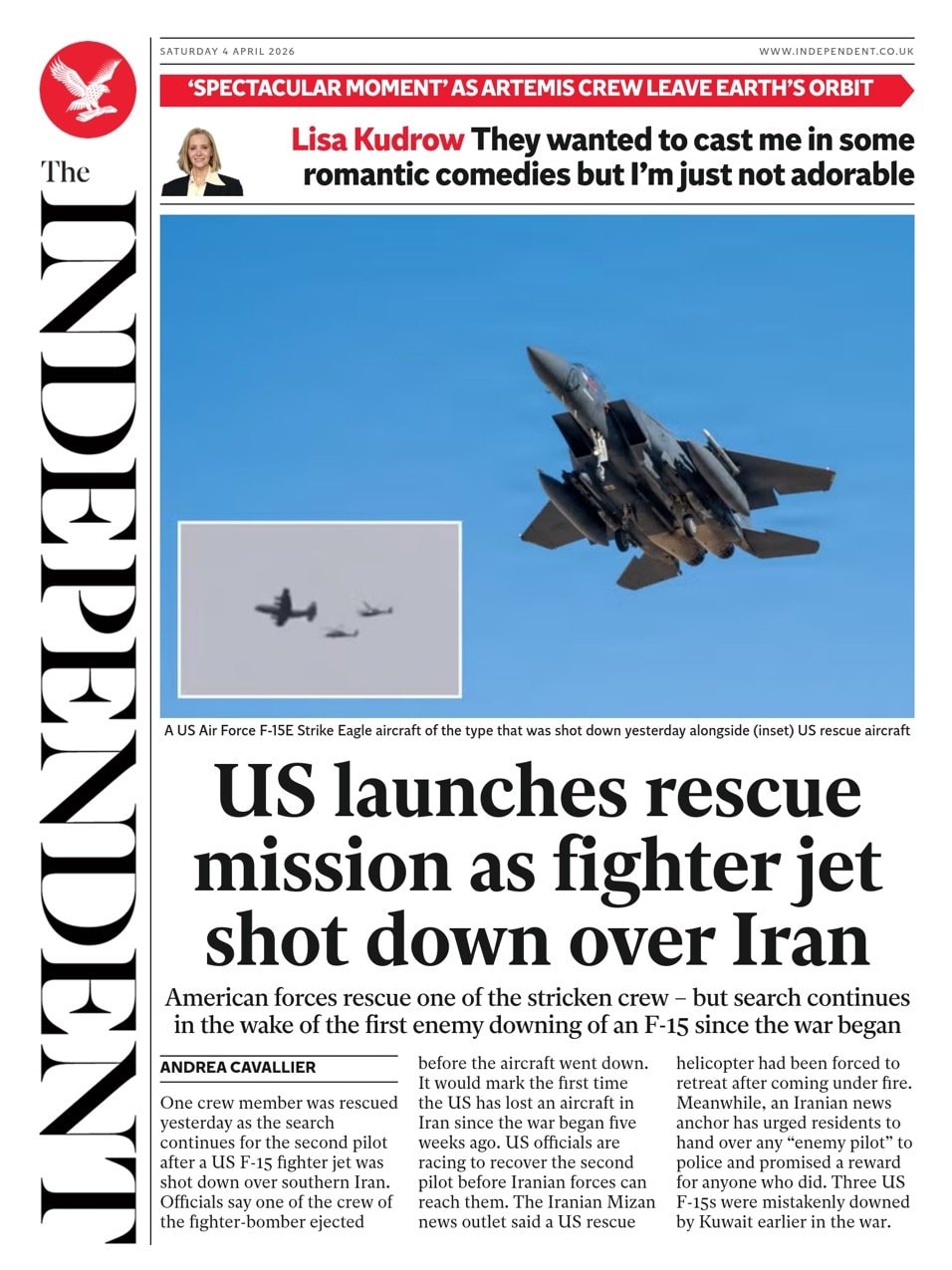 Front page of Independent, 4 April 2026