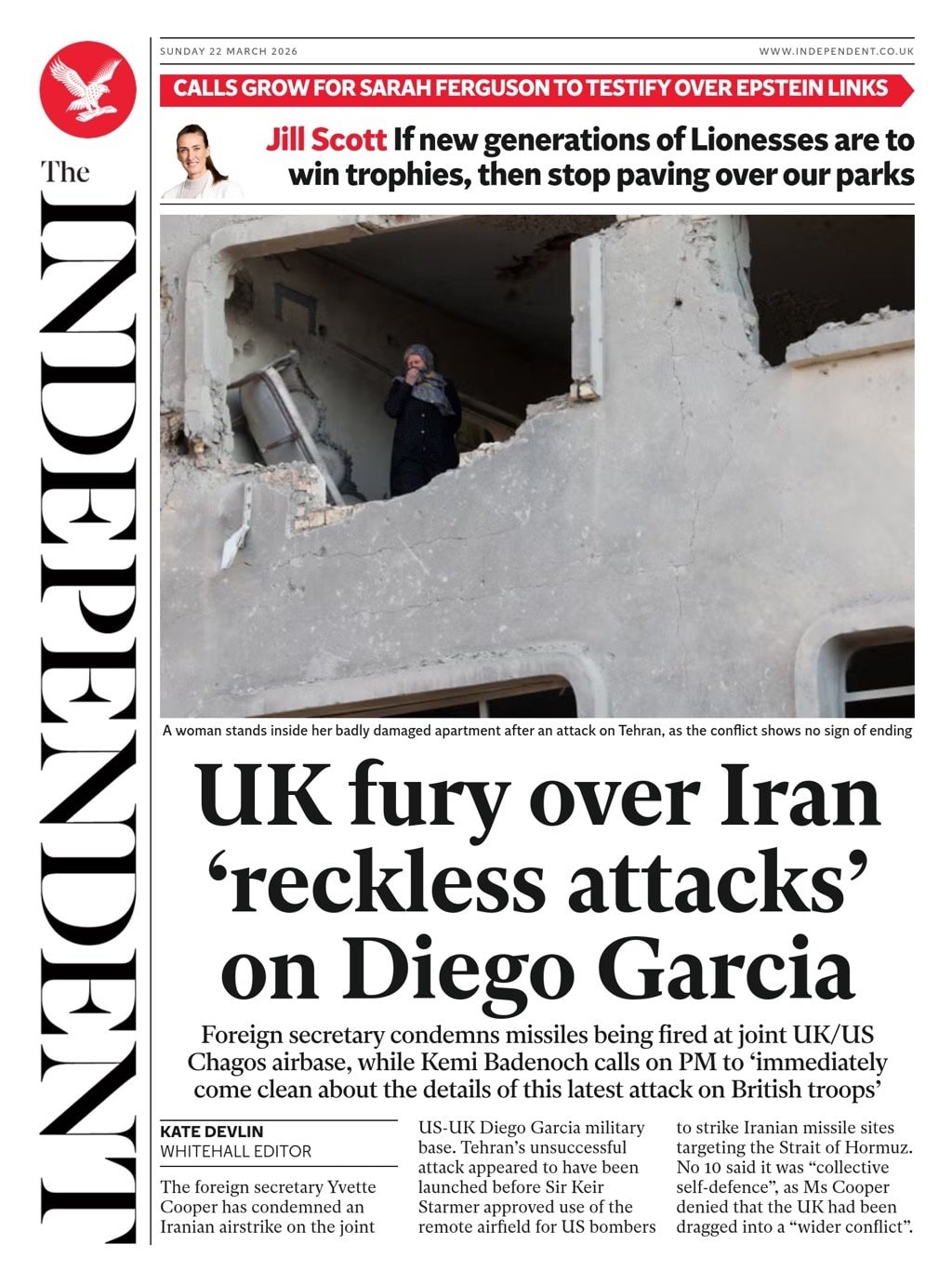 Front page of Independent, 22 March 2026