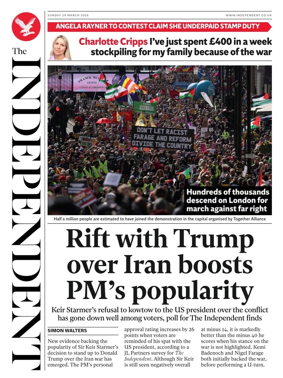 Front page of Independent, 29 March 2026
