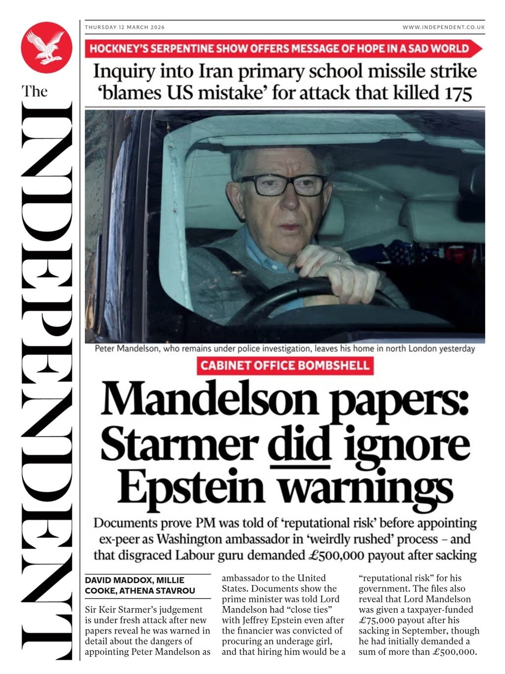 Front page of Independent, 12 March 2026