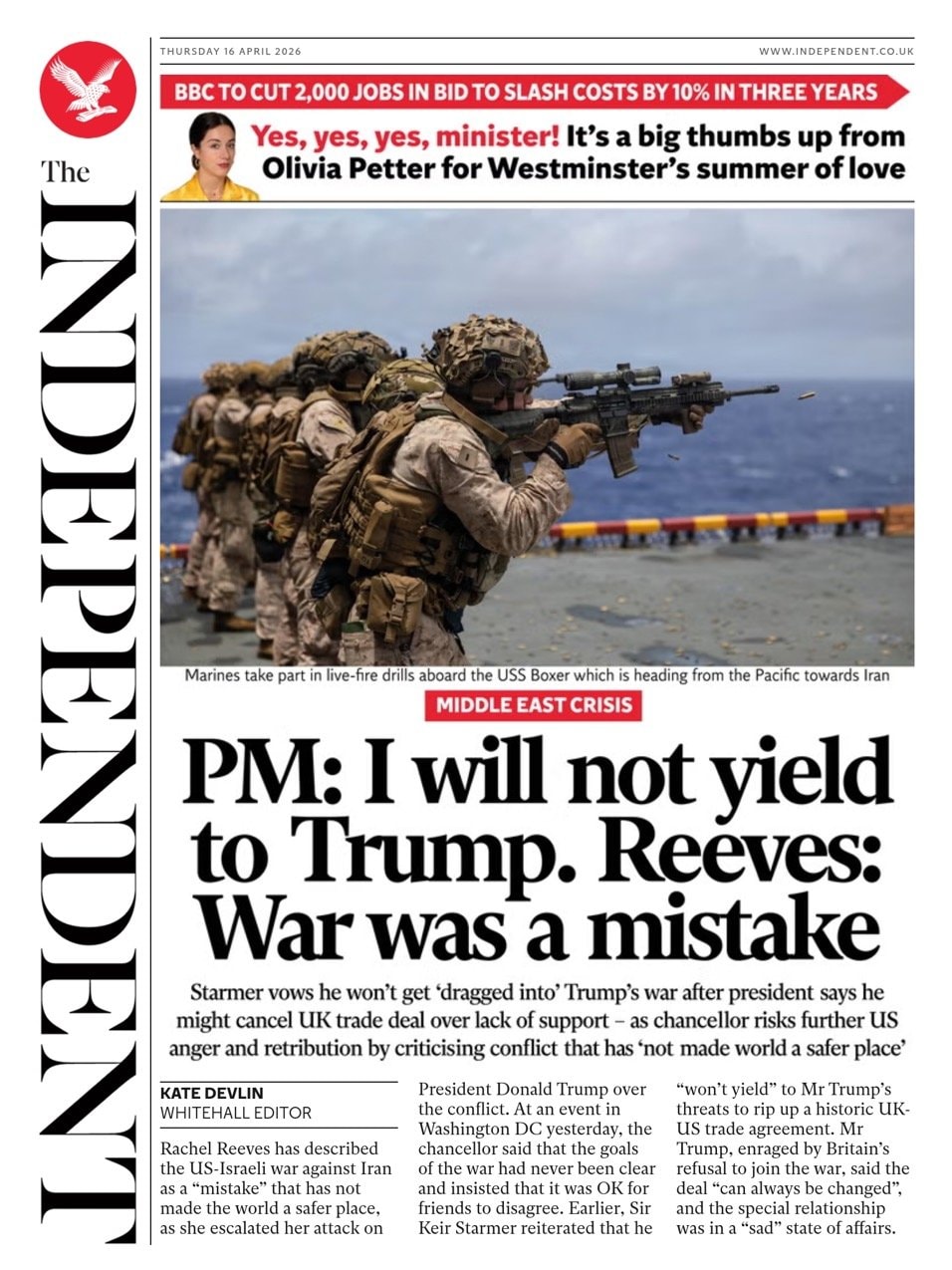 Front page of Independent, 16 April 2026