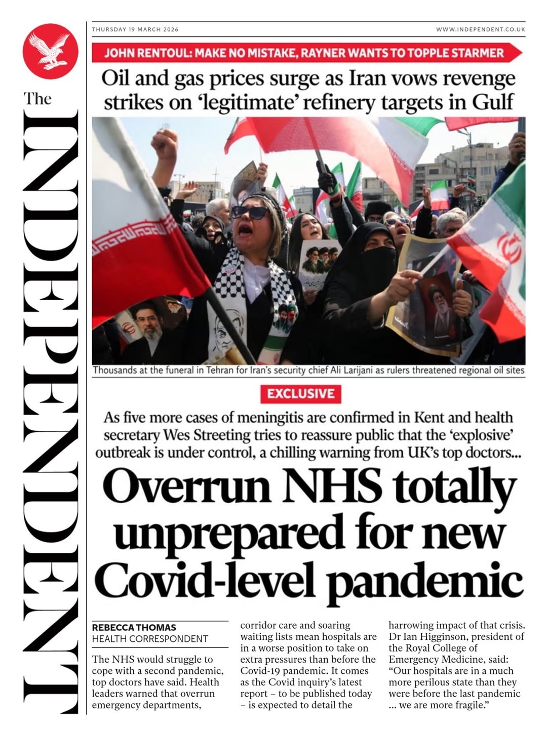 Front page of Independent, 19 March 2026