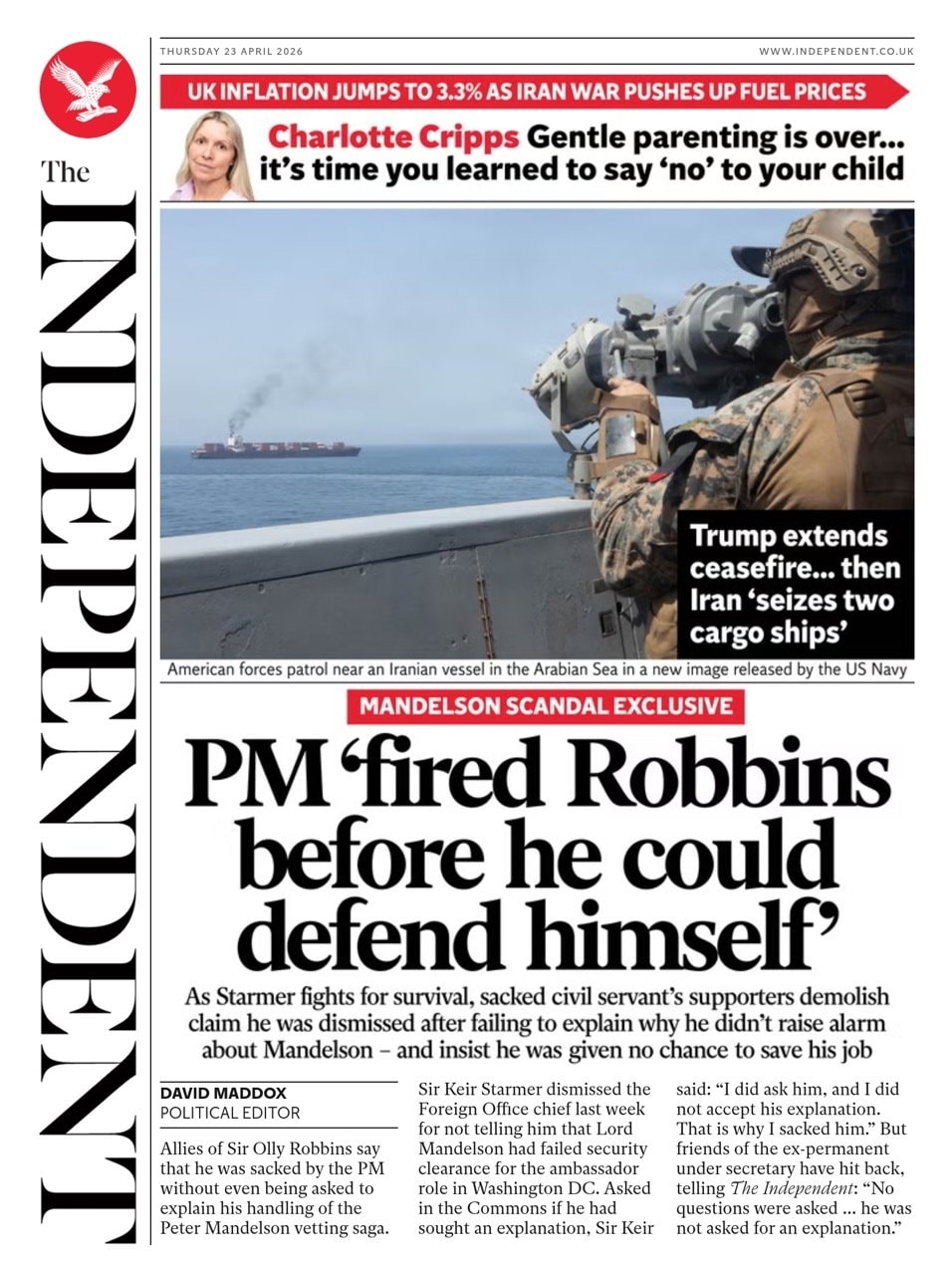 Front page of Independent, 23 April 2026