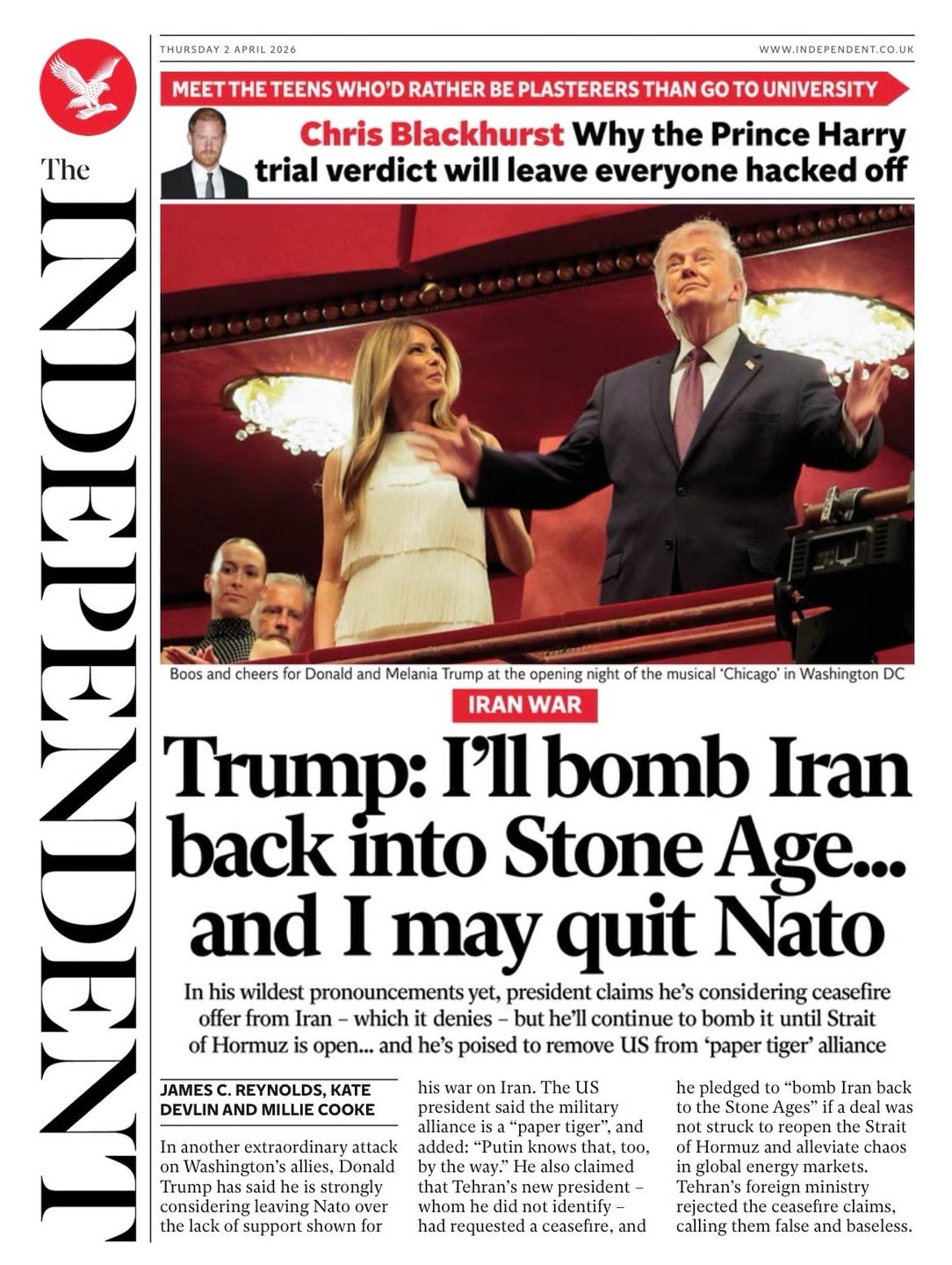 Front page of Independent, 2 April 2026