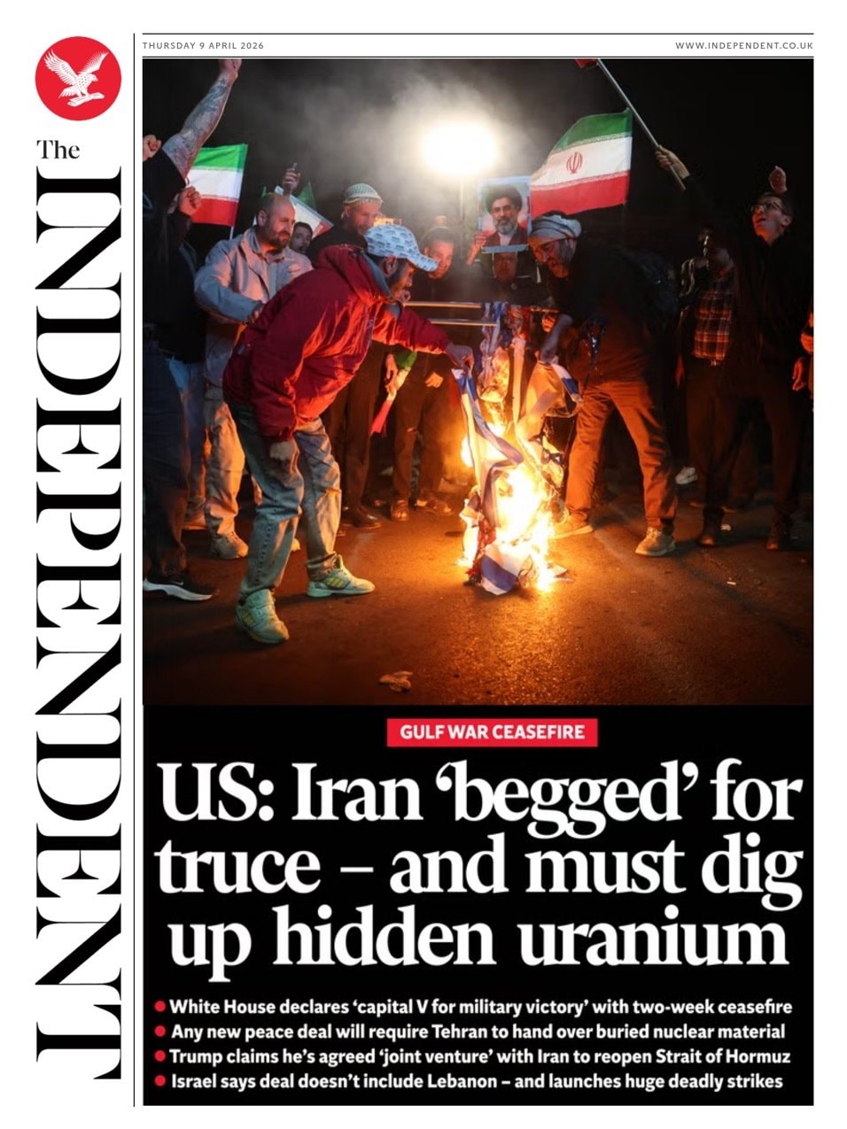Front page of Independent, 9 April 2026