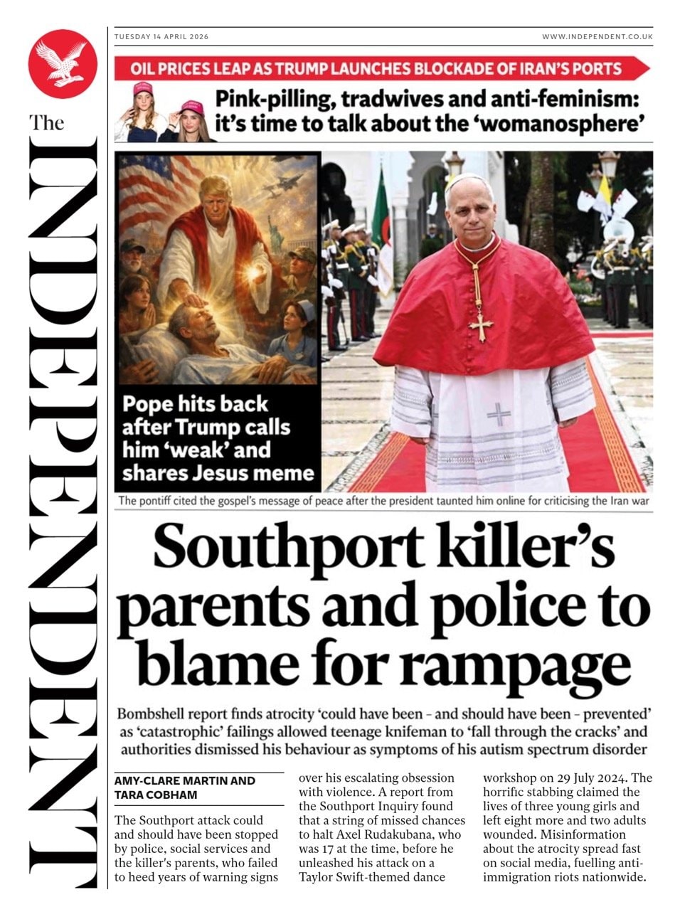 Front page of Independent, 14 April 2026
