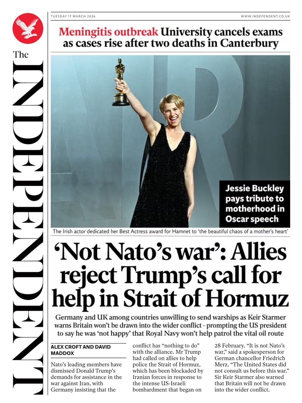 Front page of Independent, 17 March 2026