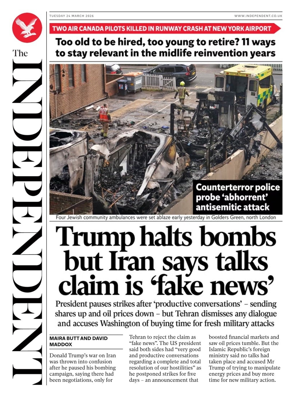 Front page of Independent, 24 March 2026