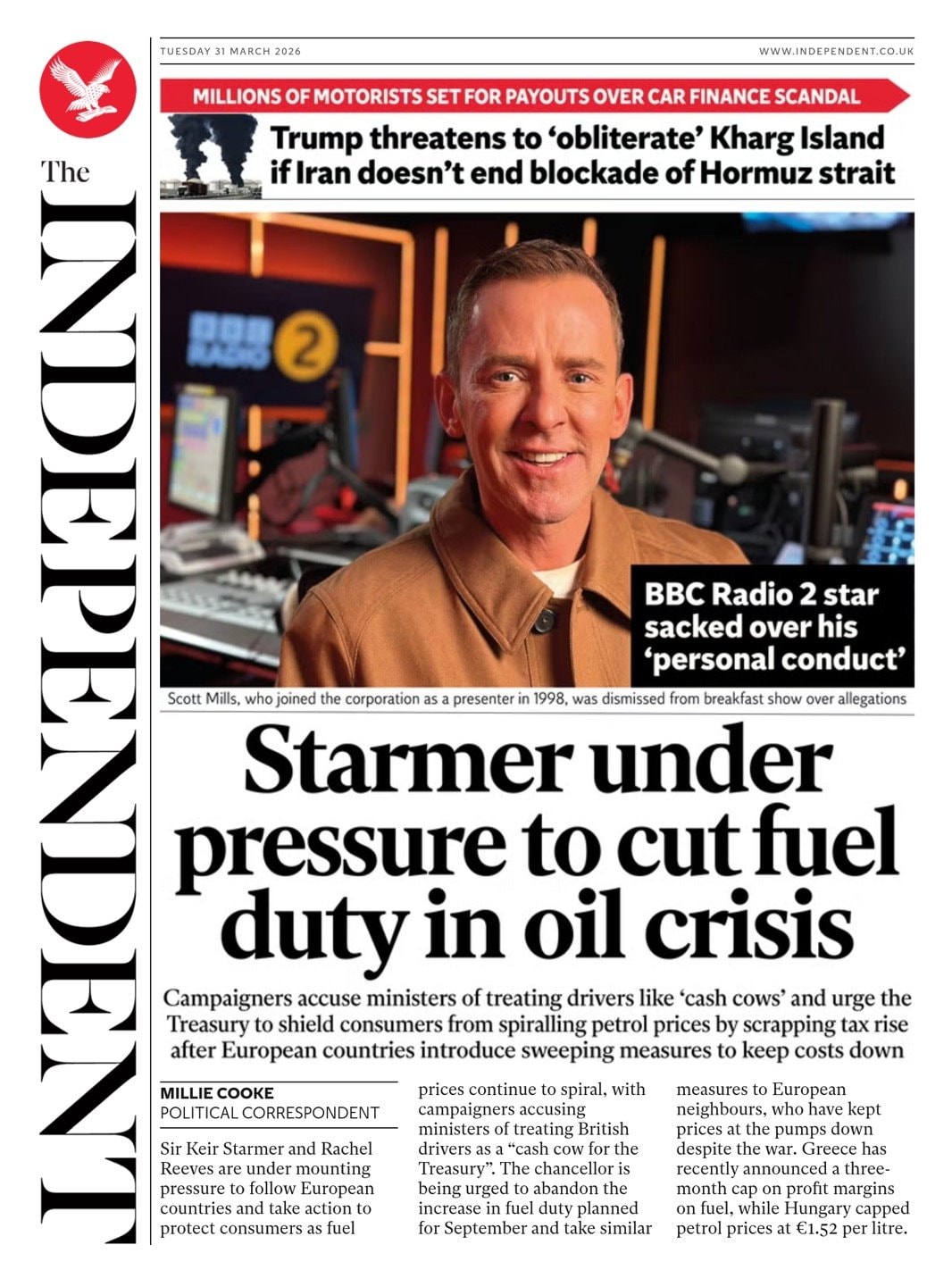 Front page of Independent, 31 March 2026