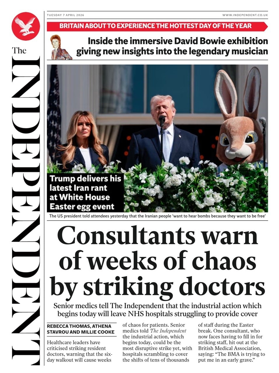 Front page of Independent, 7 April 2026
