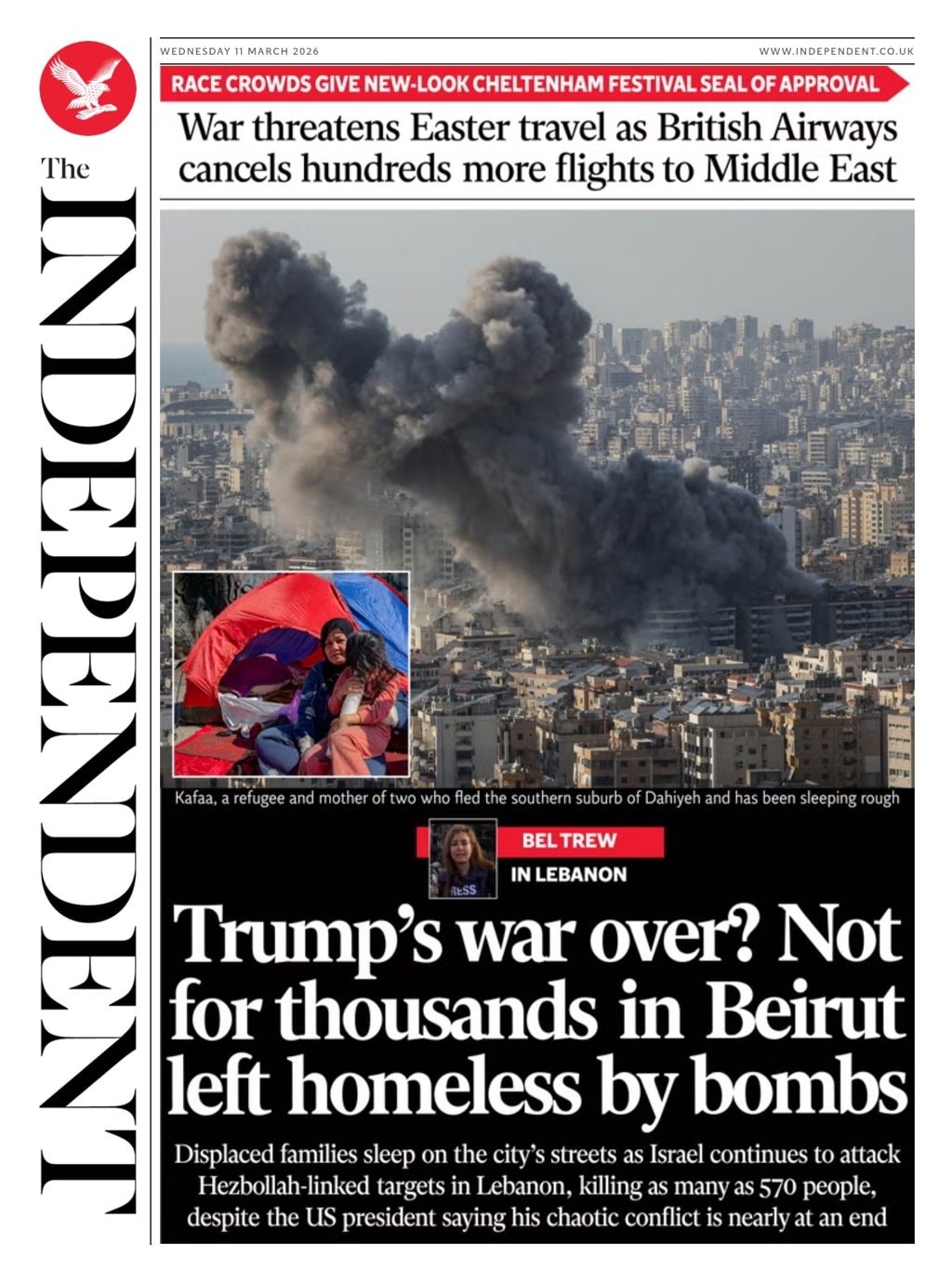 Front page of Independent, 11 March 2026