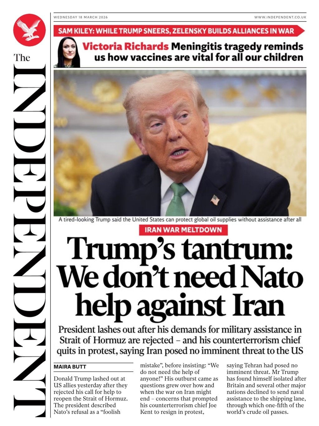 Front page of Independent, 18 March 2026