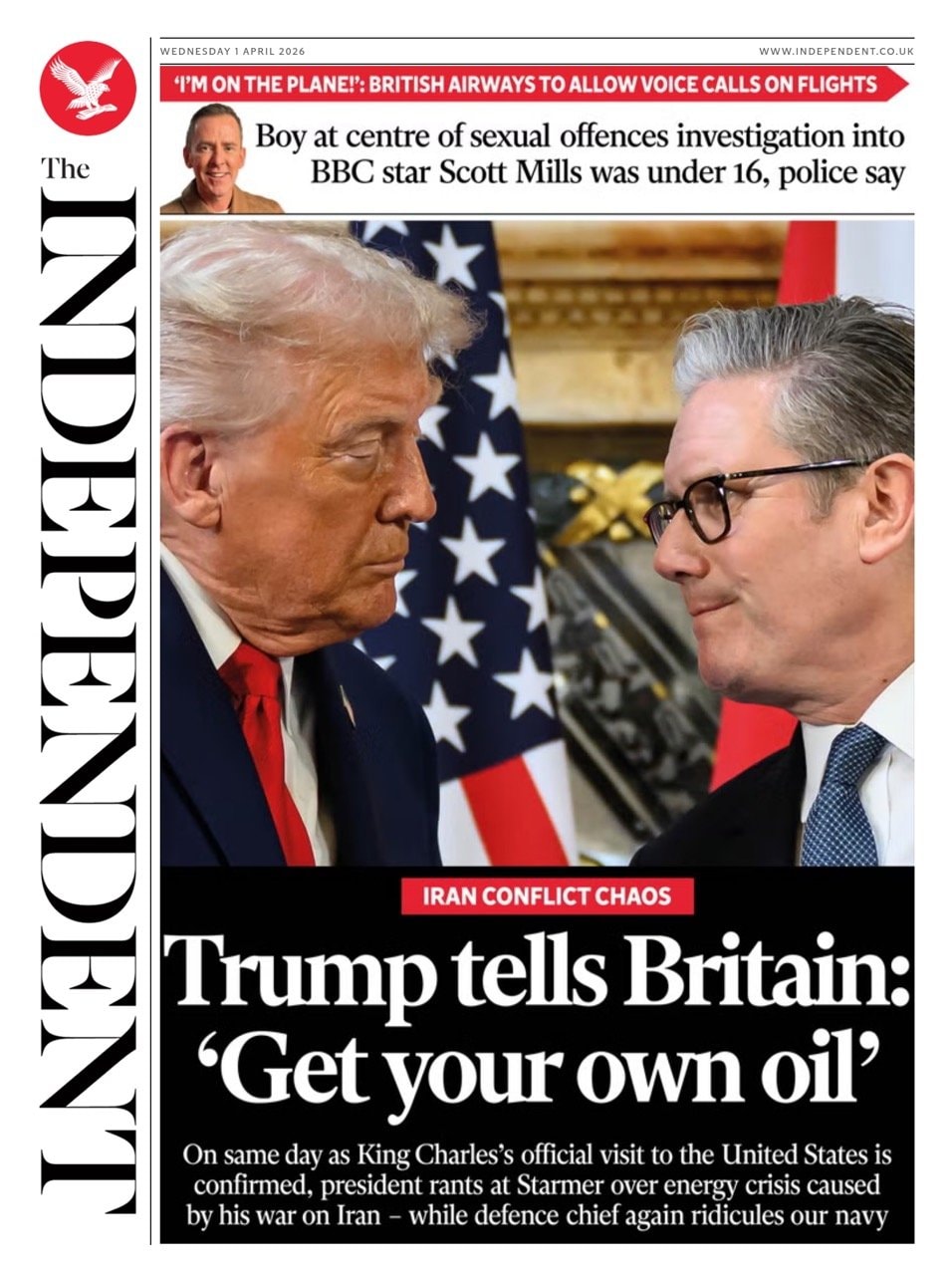Front page of Independent, 1 April 2026