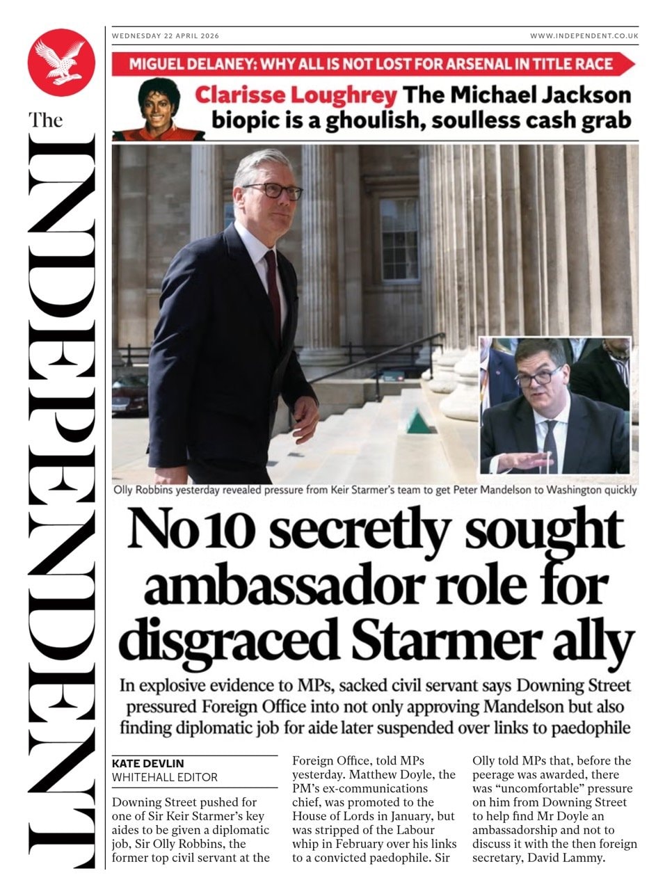 Front page of Independent, 22 April 2026