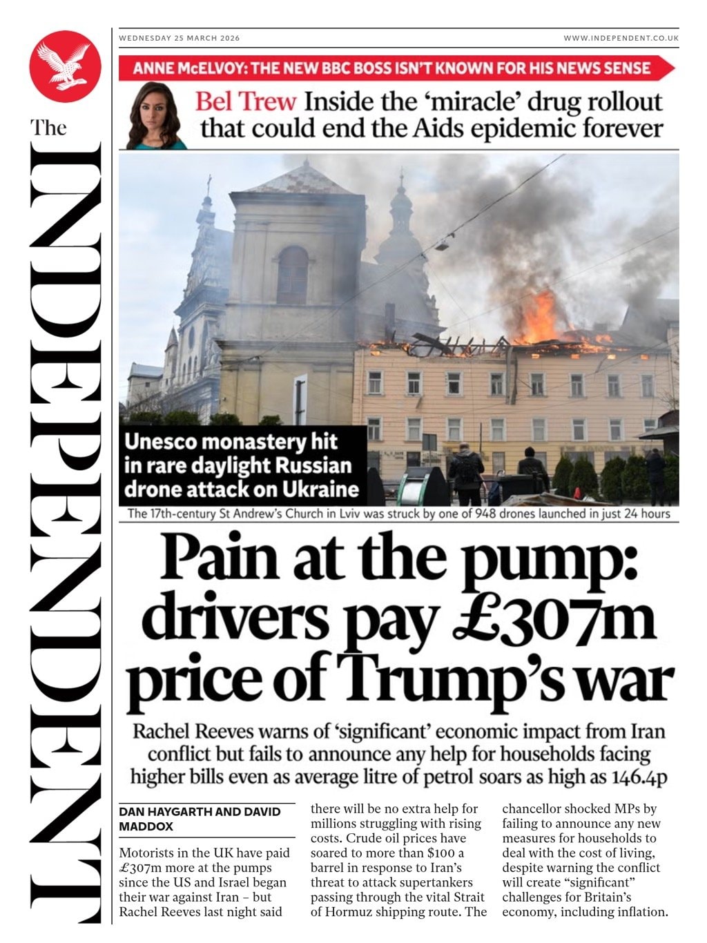 Front page of Independent, 25 March 2026