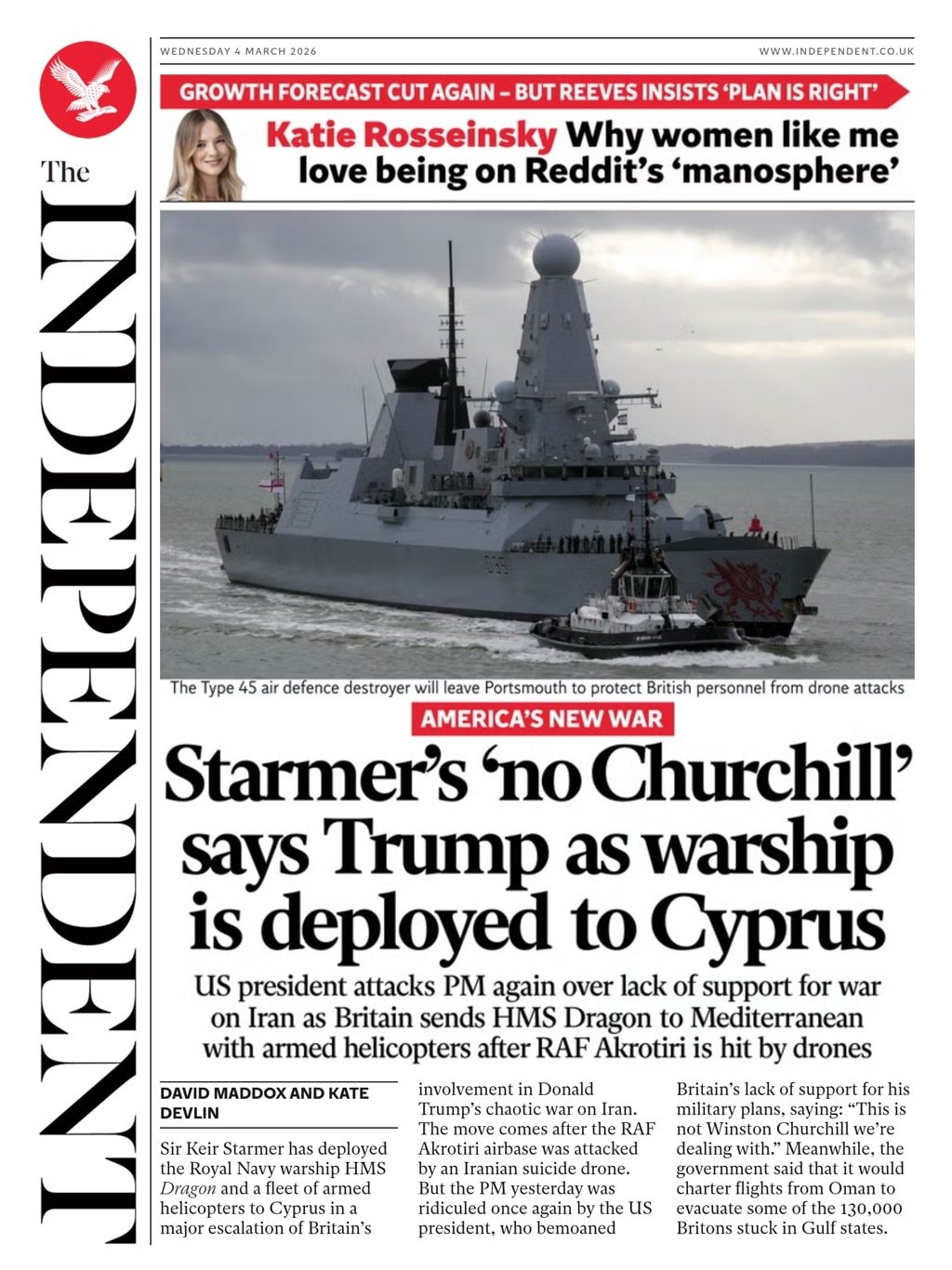 Front page of Independent, 4 March 2026