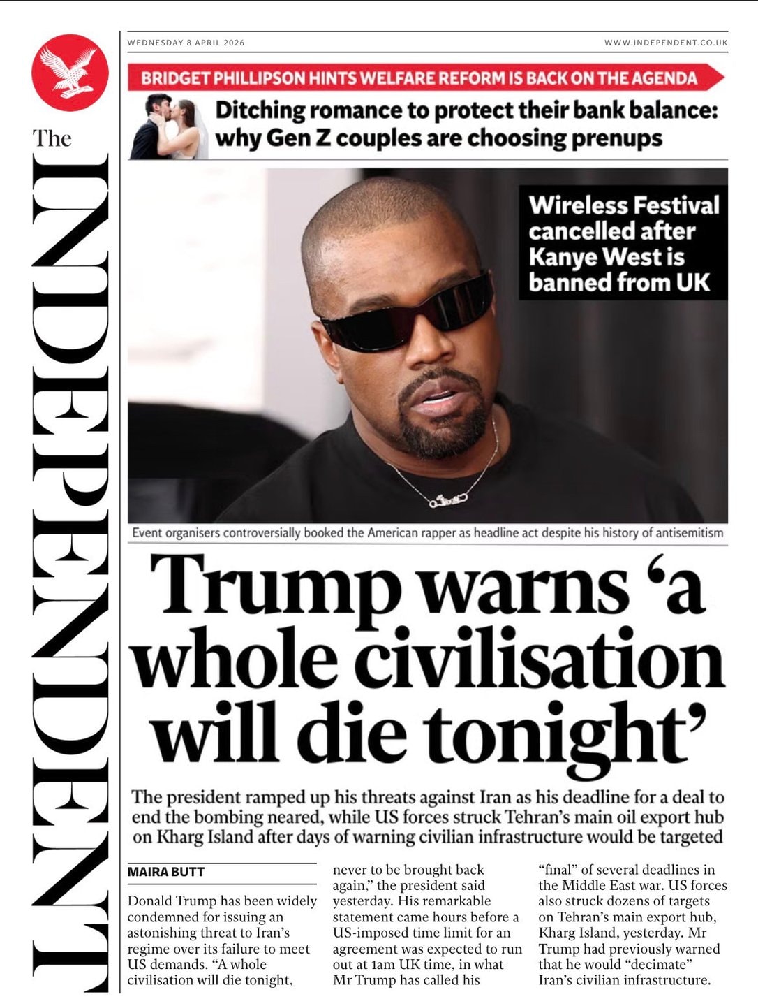 Front page of Independent, 8 April 2026